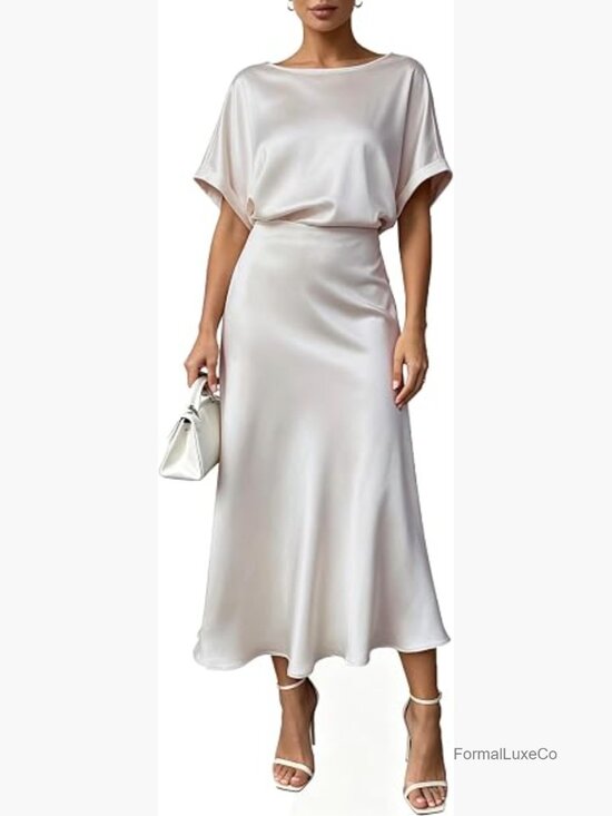 Other - 2 Piece Satin Set Short Sleeve Top Midi Skirt Cocktail Formal